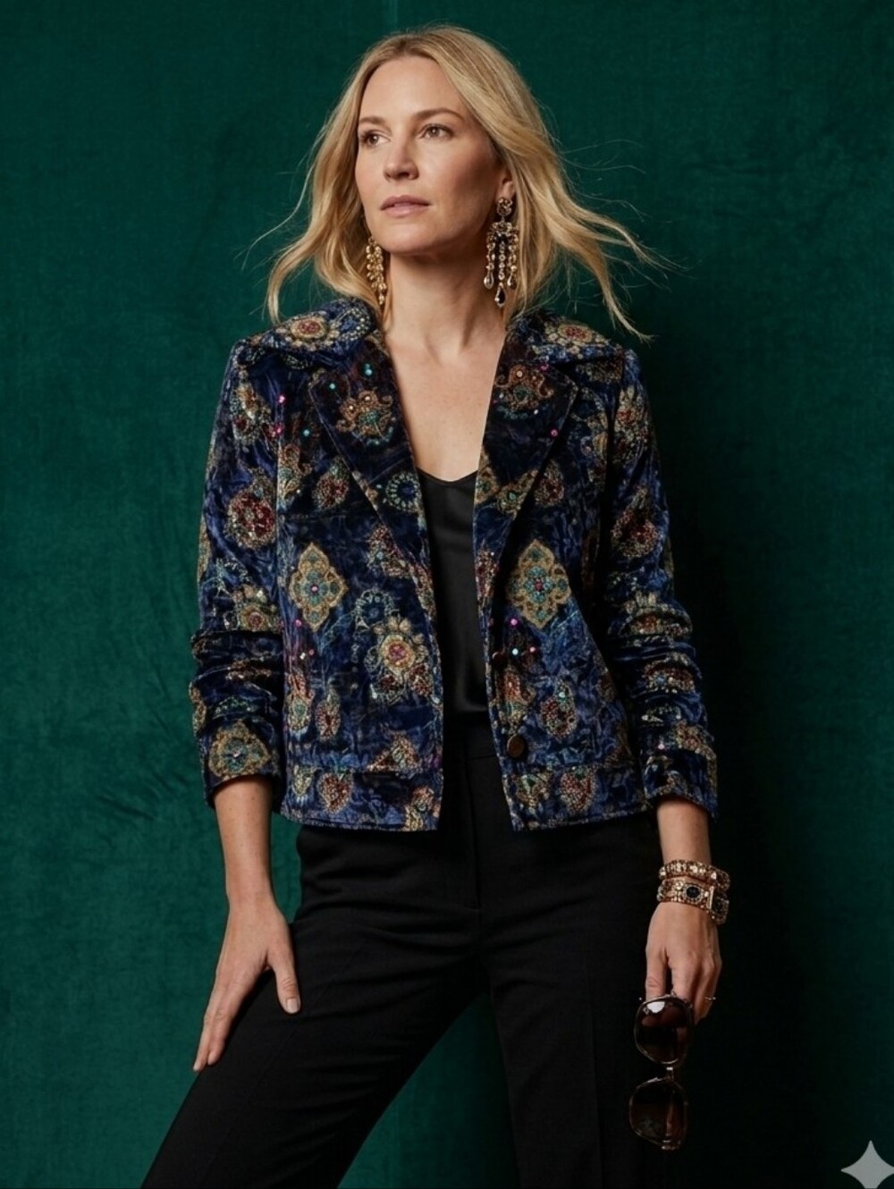 Embellished Navy Velvet Jacket with Mosaic Pattern